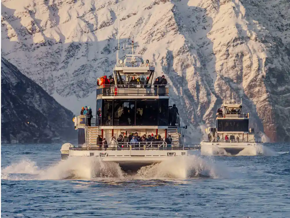 Catamaran with passengers near steep fjord with snow mountains