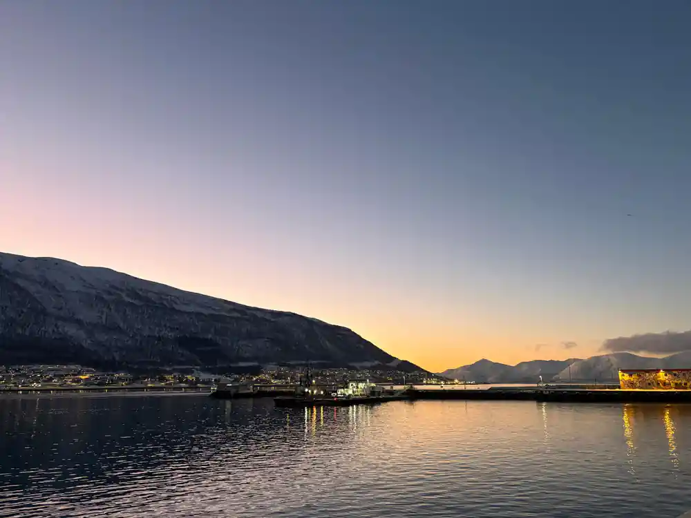 Coastal town with mountains and harbor lights at dusk