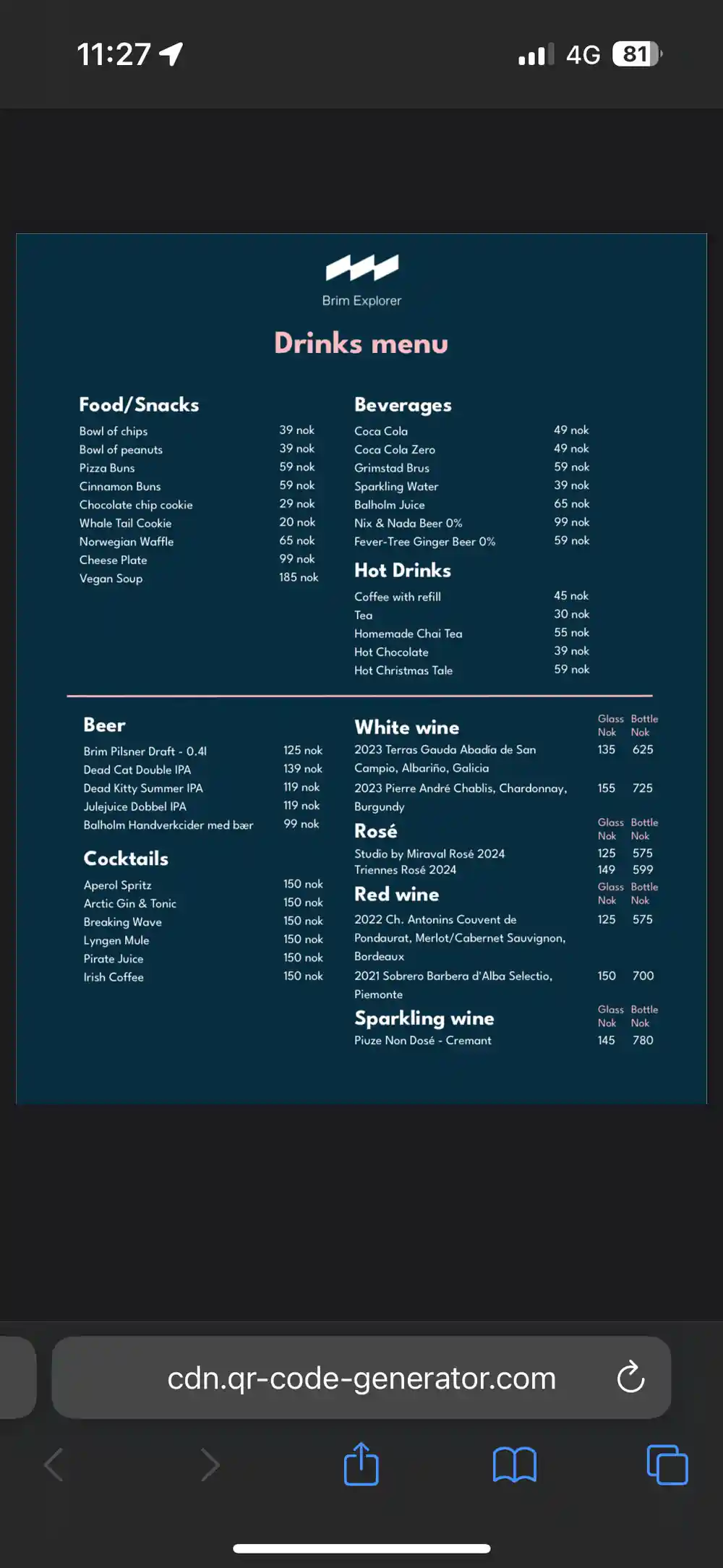 Drinks menu for restaurant or bar