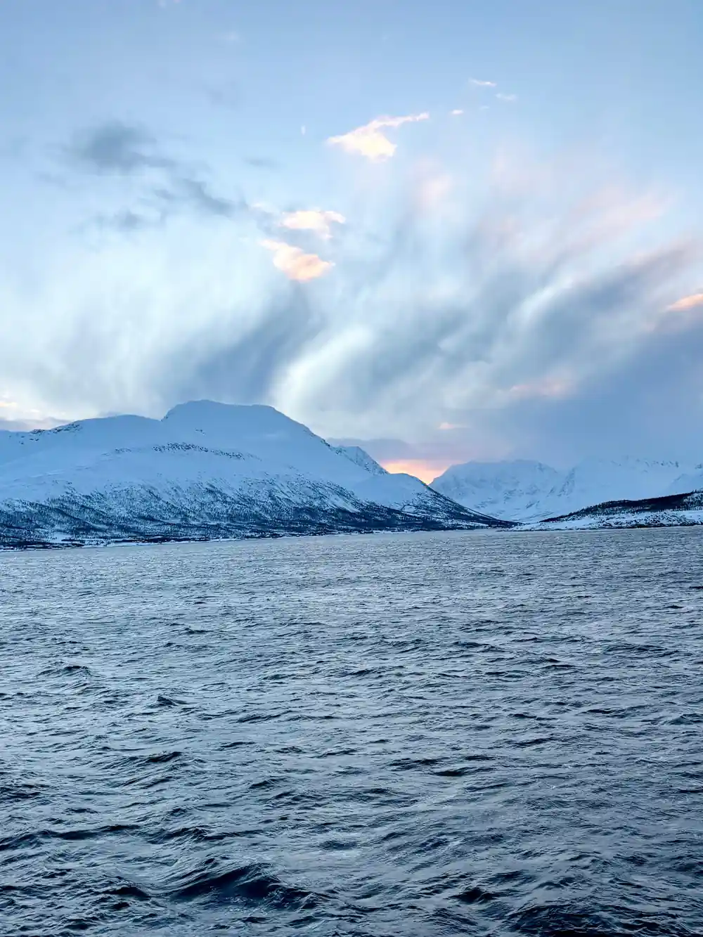 Snow-capped mountains across water with cloudy sky