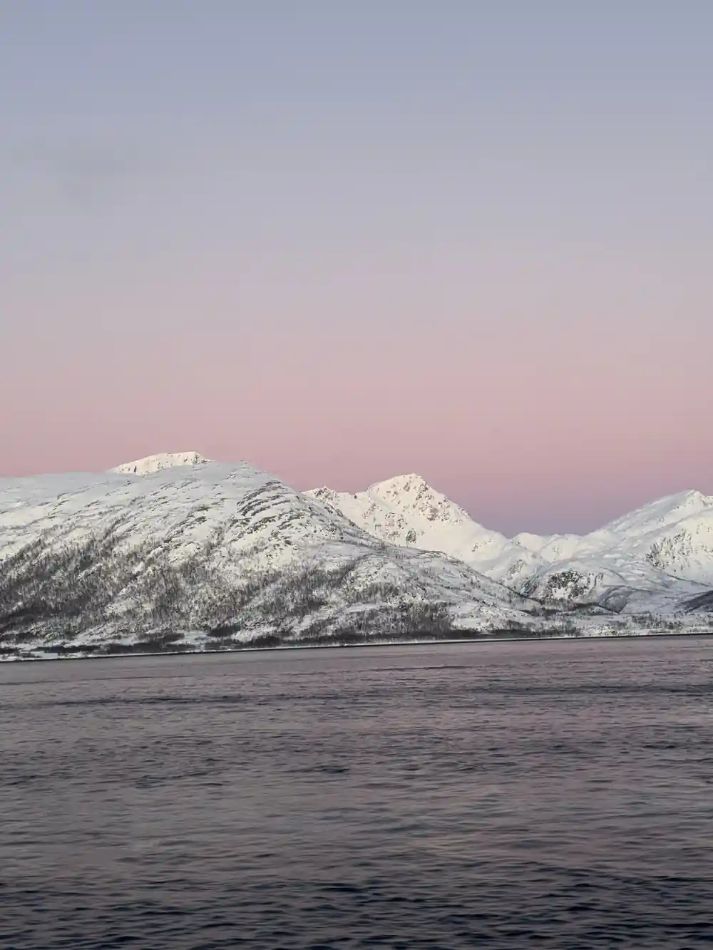 Snow-covered mountains across frozen fjord at dusk
