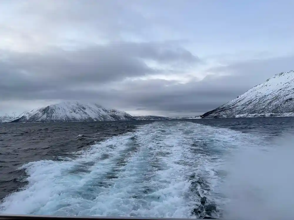 Snow-covered mountains viewed from moving boat wake