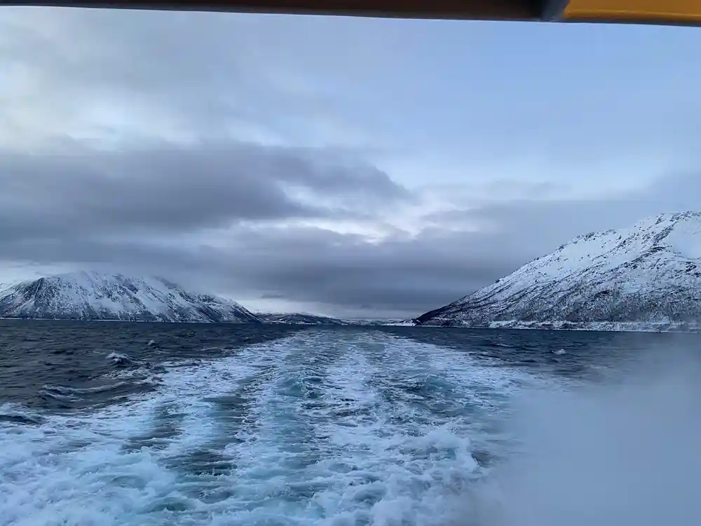 View from boat showing snow-covered mountains and water